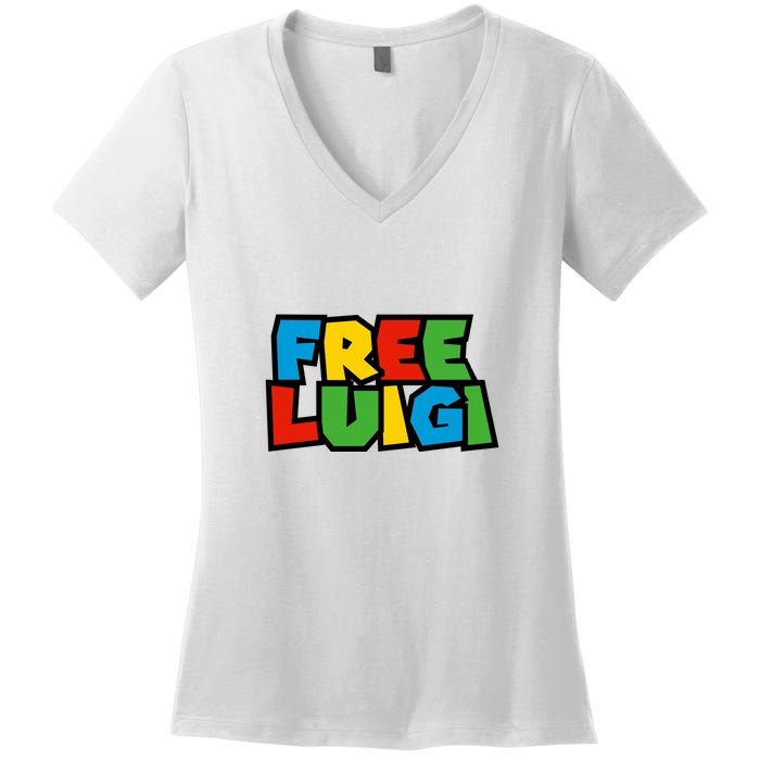 Free Luigi Mangione Mario Rainbow Typography Logo Women's V-Neck T-Shirt