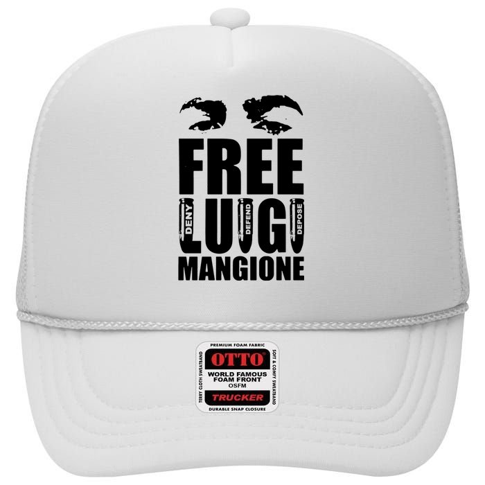 Free Luigi Mangione Deny Defend Depose High Crown Mesh Back Trucker Hat