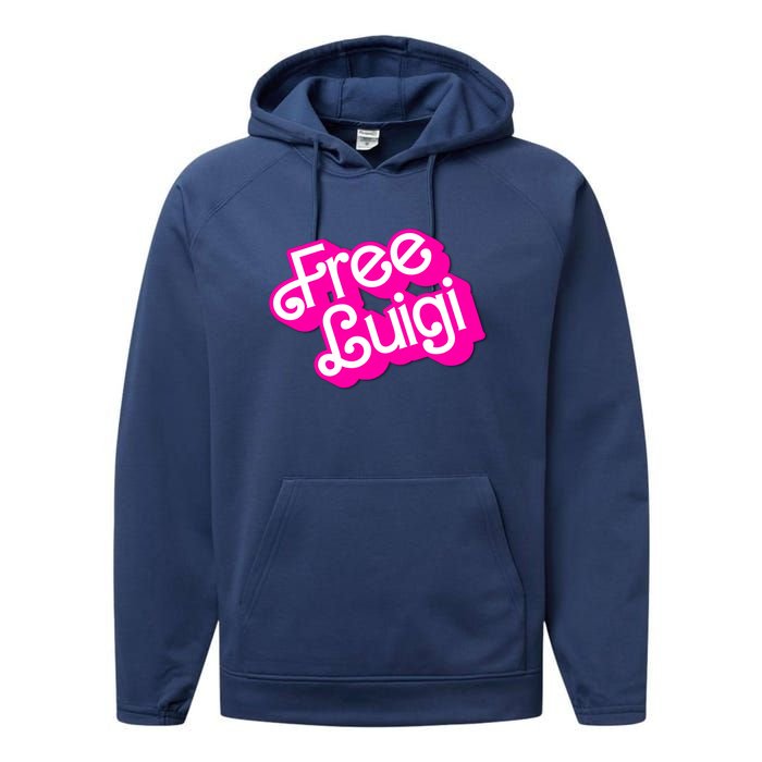 Free Luigi Mangione Hot Pi Nk Doll Logo Performance Fleece Hoodie