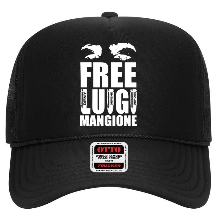 Free Luigi Mangione Deny Defend Depose High Crown Mesh Back Trucker Hat