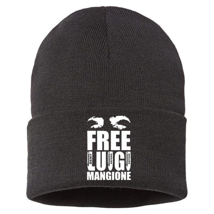 Free Luigi Mangione Deny Defend Depose Sustainable Knit Beanie