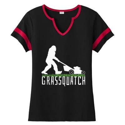 Funny Lawn Mowing Grassquatch Bigfoot Lawn Mower Ladies Halftime Notch Neck Tee