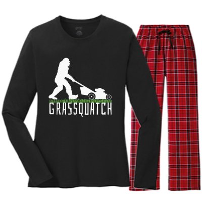 Funny Lawn Mowing Grassquatch Bigfoot Lawn Mower Women's Long Sleeve Flannel Pajama Set 