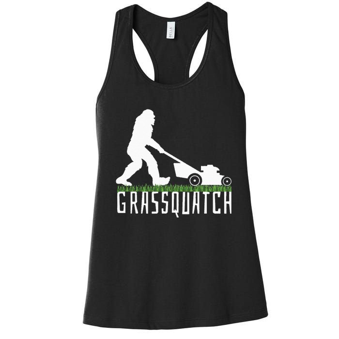 Funny Lawn Mowing Grassquatch Bigfoot Lawn Mower Women's Racerback Tank