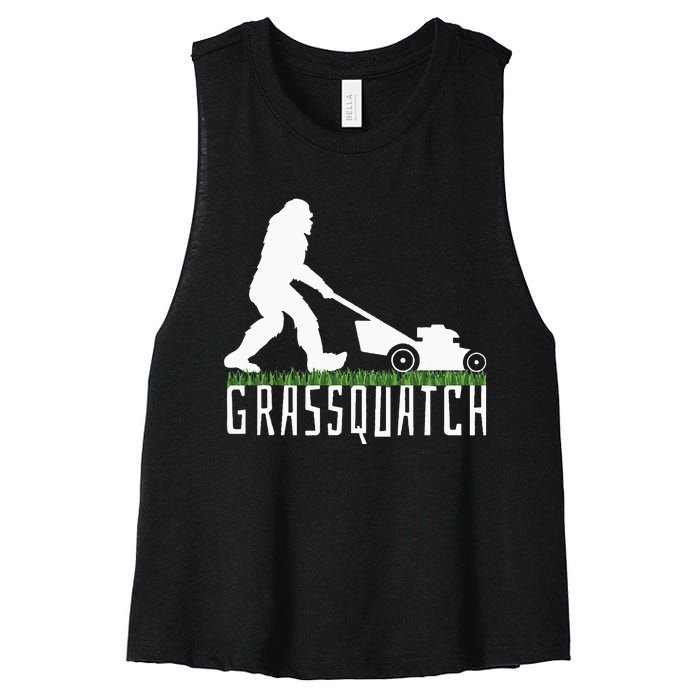 Funny Lawn Mowing Grassquatch Bigfoot Lawn Mower Women's Racerback Cropped Tank