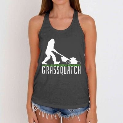 Funny Lawn Mowing Grassquatch Bigfoot Lawn Mower Women's Knotted Racerback Tank