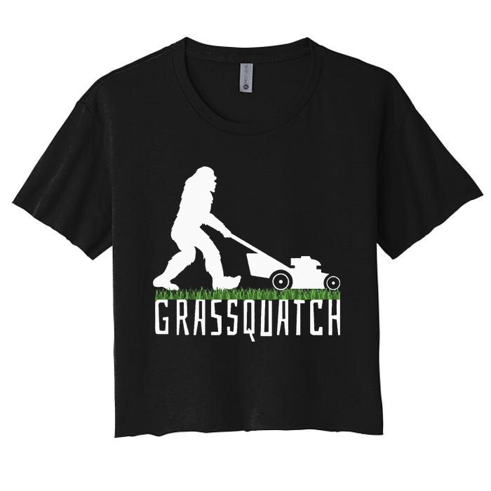 Funny Lawn Mowing Grassquatch Bigfoot Lawn Mower Women's Crop Top Tee