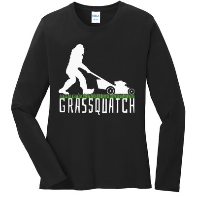 Funny Lawn Mowing Grassquatch Bigfoot Lawn Mower Ladies Long Sleeve Shirt