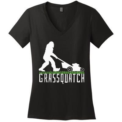 Funny Lawn Mowing Grassquatch Bigfoot Lawn Mower Women's V-Neck T-Shirt