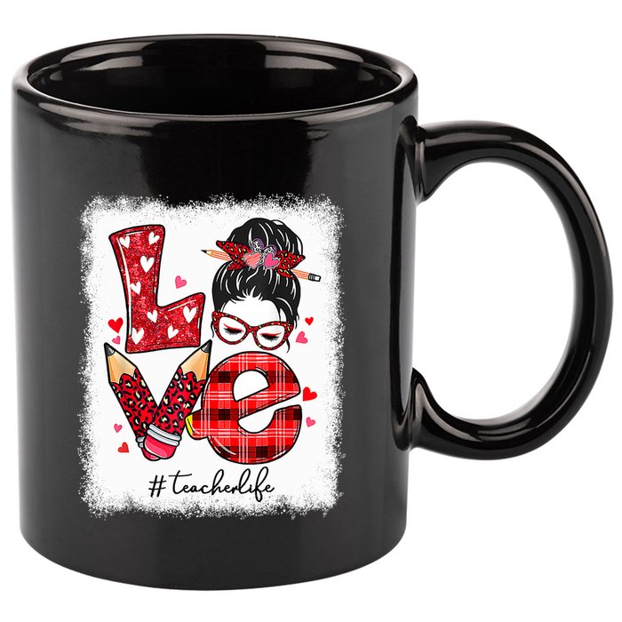 Funny Love Messy Bun Teacher Life Valentines Day Matching 11oz C Handle Ceramic Mug