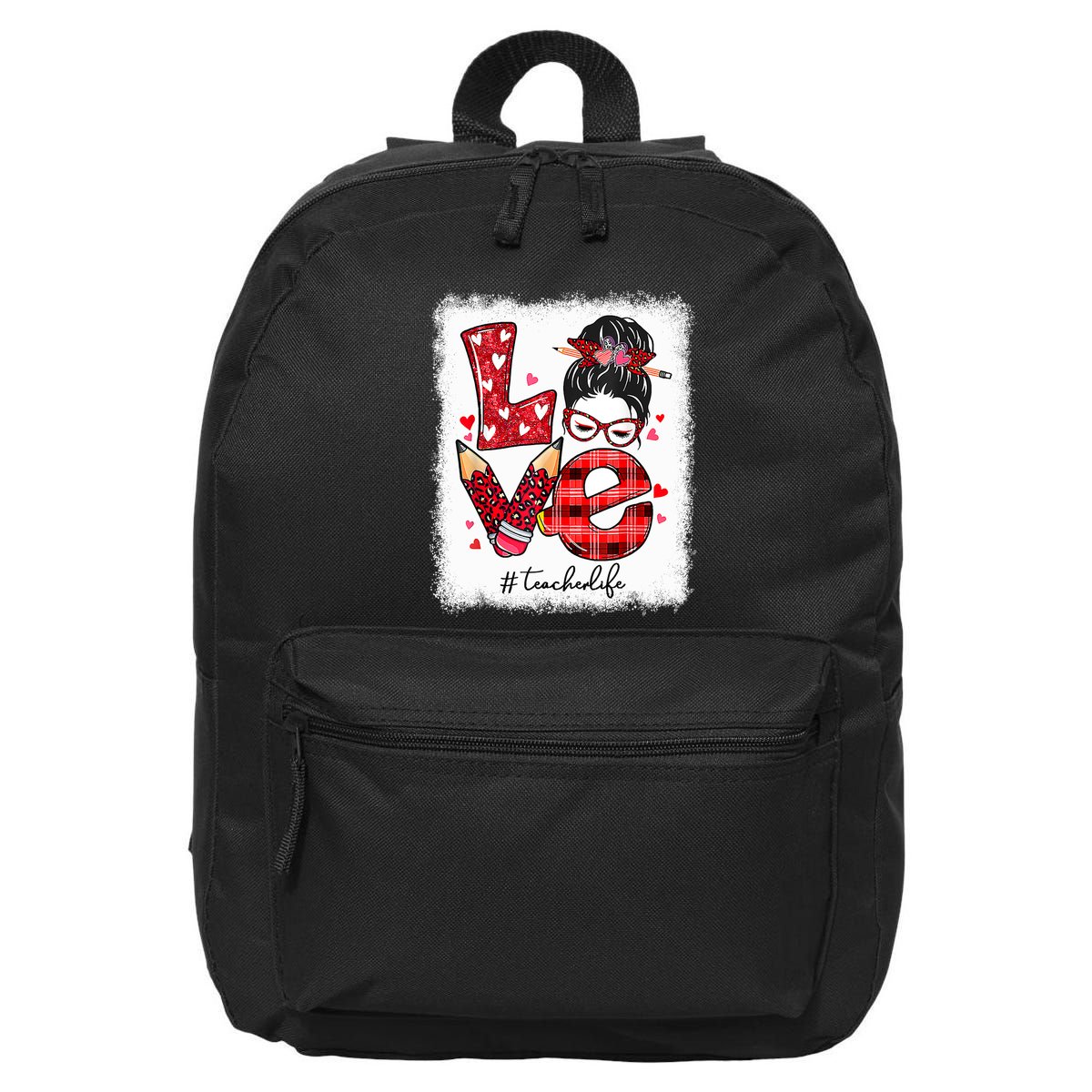 Funny Love Messy Bun Teacher Life Valentines Day Matching 16 in Basic Backpack