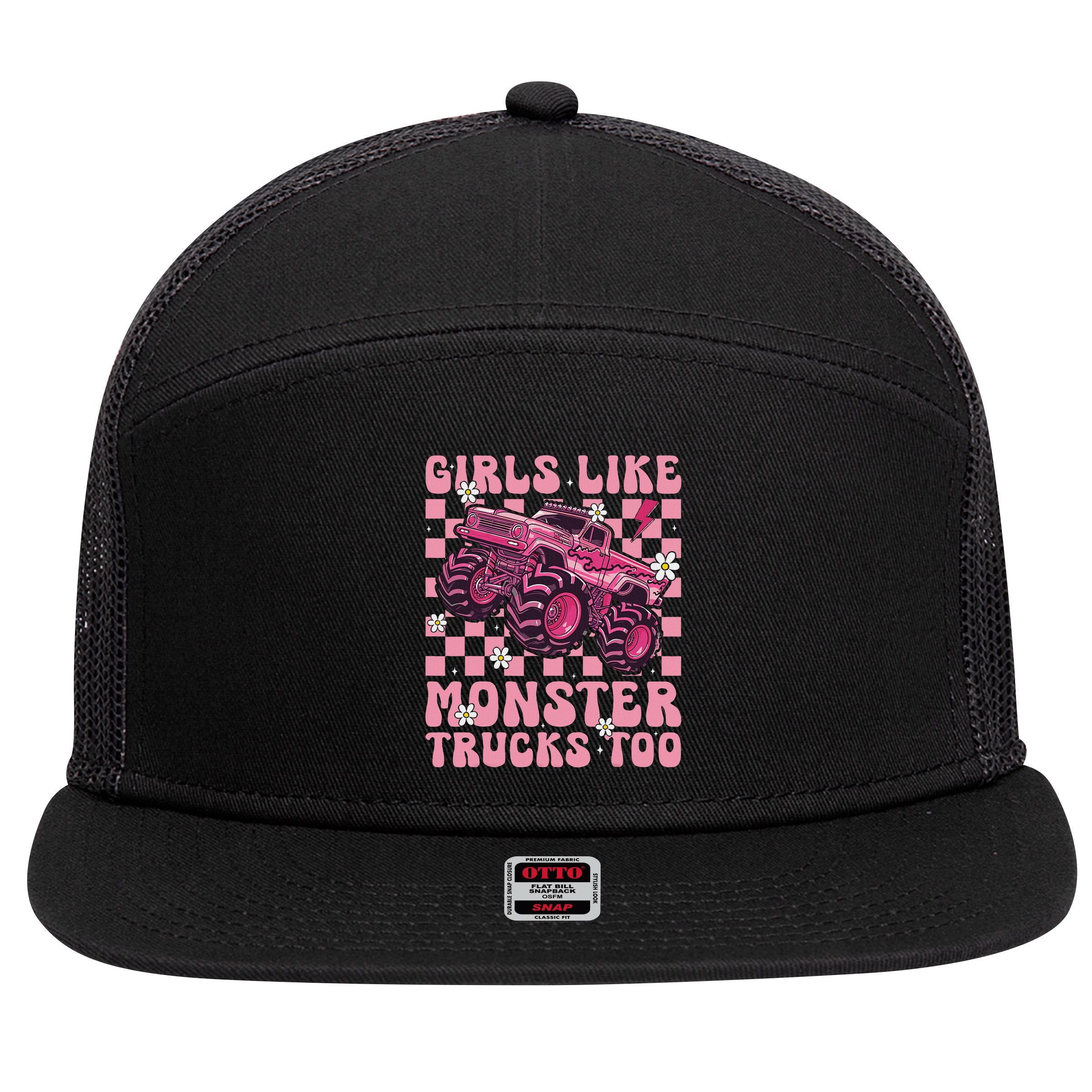 Funny Like Monster Trucks Too Monster Truck 7 Panel Mesh Trucker Snapback Hat