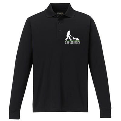 Funny Lawn Mowing Grassquatch Bigfoot Lawn Mower Performance Long Sleeve Polo