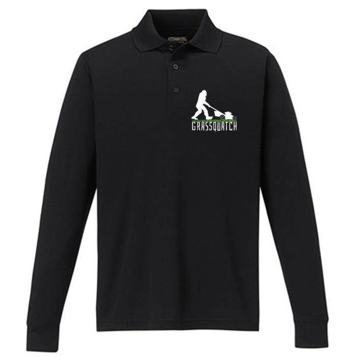 Funny Lawn Mowing Grassquatch Bigfoot Lawn Mower Performance Long Sleeve Polo