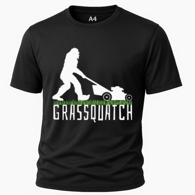 Funny Lawn Mowing Grassquatch Bigfoot Lawn Mower Cooling Performance Crew T-Shirt