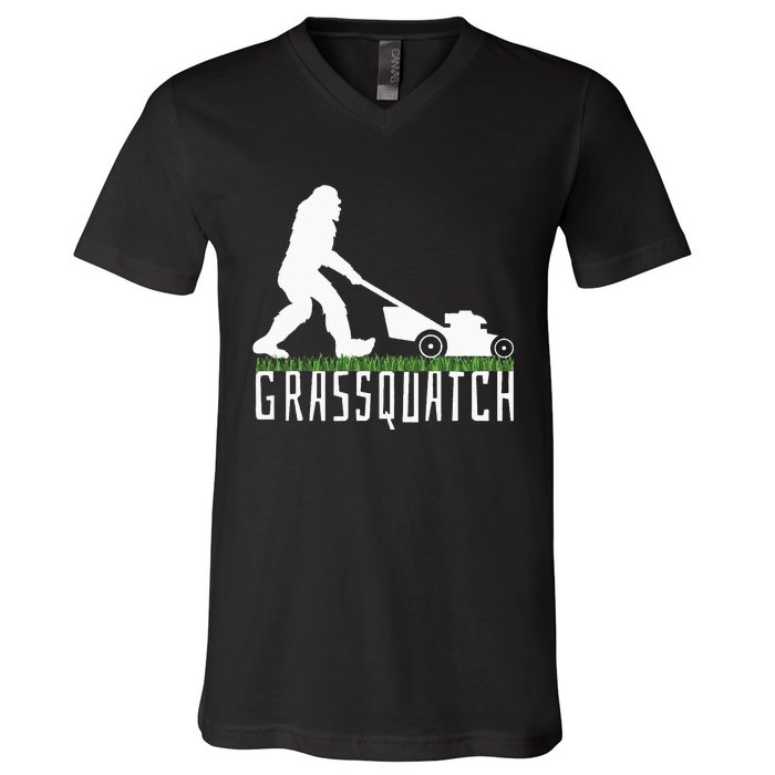 Funny Lawn Mowing Grassquatch Bigfoot Lawn Mower V-Neck T-Shirt