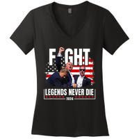 Fight Legends Never Die 2024 Trump Shooting Women's V-Neck T-Shirt