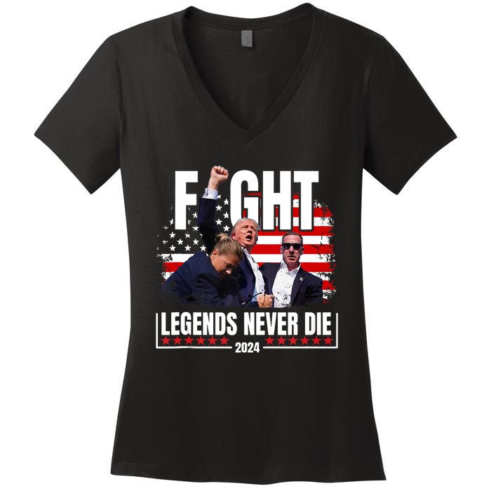 Fight Legends Never Die 2024 Trump Shooting Women's V-Neck T-Shirt