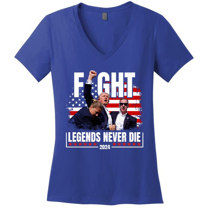 Fight Legends Never Die 2024 Trump Shooting Women's V-Neck T-Shirt