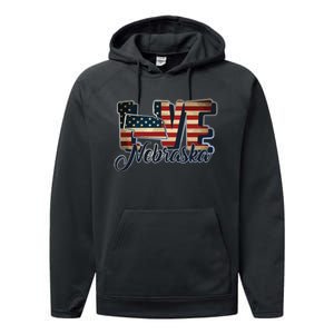 Funny Love Nebraska American Flag Patriotic Performance Fleece Hoodie