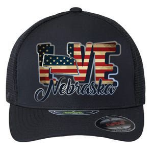 Funny Love Nebraska American Flag Patriotic Flexfit Unipanel Trucker Cap