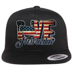 Funny Love Nebraska American Flag Patriotic Flat Bill Trucker Hat