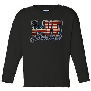 Funny Love Nebraska American Flag Patriotic Toddler Long Sleeve Shirt