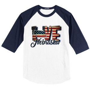 Funny Love Nebraska American Flag Patriotic Baseball Sleeve Shirt