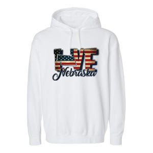 Funny Love Nebraska American Flag Patriotic Garment-Dyed Fleece Hoodie