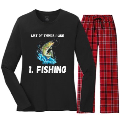 Fishing List Of Things I Like Fishing Hobby Fishing Game Women's Long Sleeve Flannel Pajama Set 