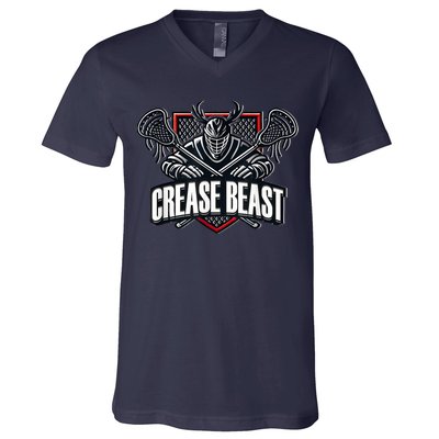 Funny Lacrosse Ops Warning Of Crease Beast LAX Goalie V-Neck T-Shirt