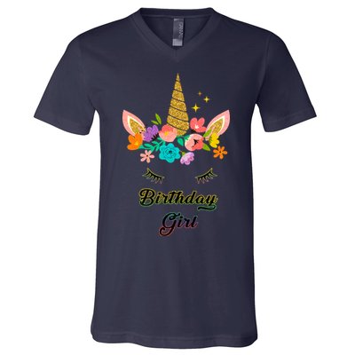 Floral Birthday Girl Unicorn V-Neck T-Shirt
