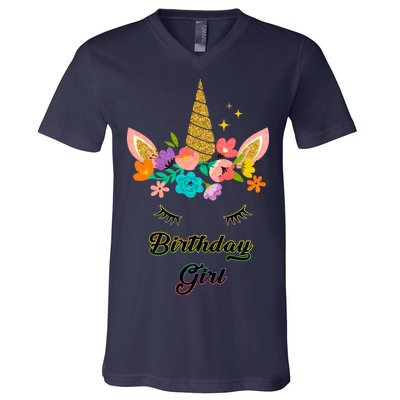 Floral Birthday Girl Unicorn V-Neck T-Shirt