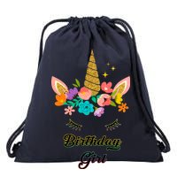 Floral Birthday Girl Unicorn Drawstring Bag