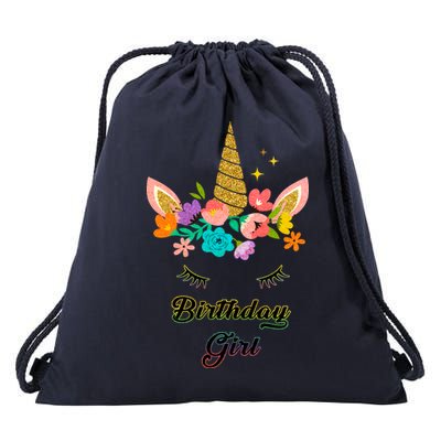 Floral Birthday Girl Unicorn Drawstring Bag