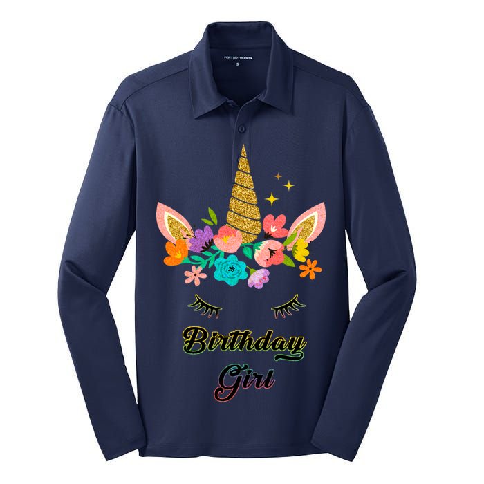 Floral Birthday Girl Unicorn Silk Touch Performance Long Sleeve Polo