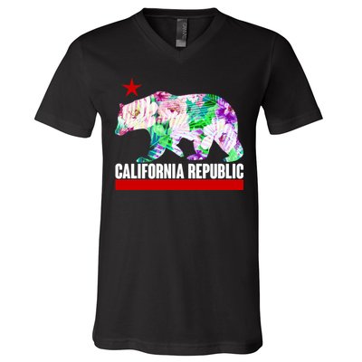 Floral California Republic Bear Tropical Bear V-Neck T-Shirt