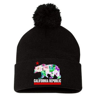 Floral California Republic Bear Tropical Bear Pom Pom 12in Knit Beanie