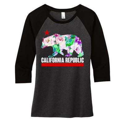 Floral California Republic Bear Tropical Bear Women's Tri-Blend 3/4-Sleeve Raglan Shirt