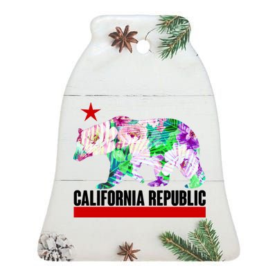 Floral California Republic Bear Tropical Bear Ceramic Bell Ornament