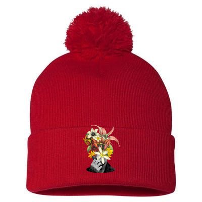 Floral Head Art Pom Pom 12in Knit Beanie