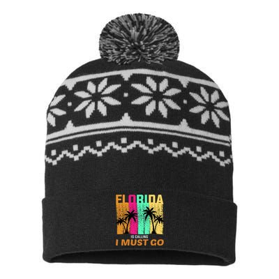 Florida Is Calling I Must Go Vintage Summer Beach Sun USA-Made Snowflake Beanie