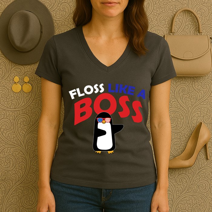 Floss Like a Boss Penguin Dancing Women's V-Neck T-Shirt