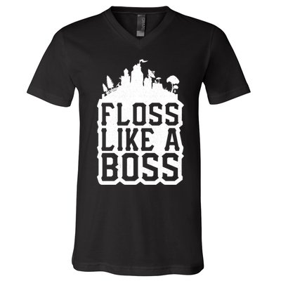 Floss Like A Boss Tower Funny V-Neck T-Shirt