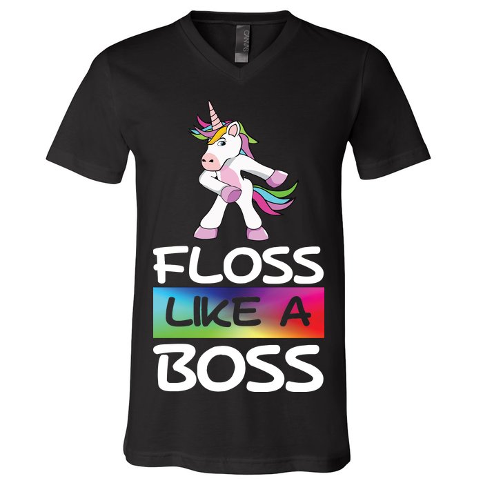 Floss Like a Boss Unicorn Rainbow V-Neck T-Shirt