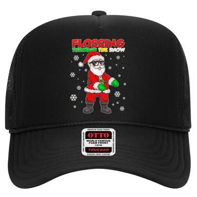 Flossing Through The Snow Santa High Crown Mesh Back Trucker Hat