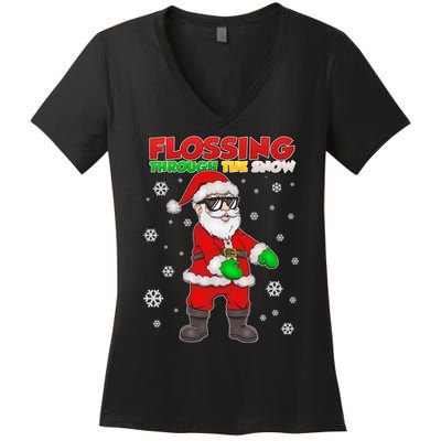 Flossing Through The Snow Santa Women's V-Neck T-Shirt