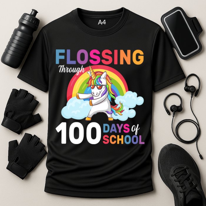 Flossing Unicorn Through 100 days Of School Cooling Performance Crew T-Shirt