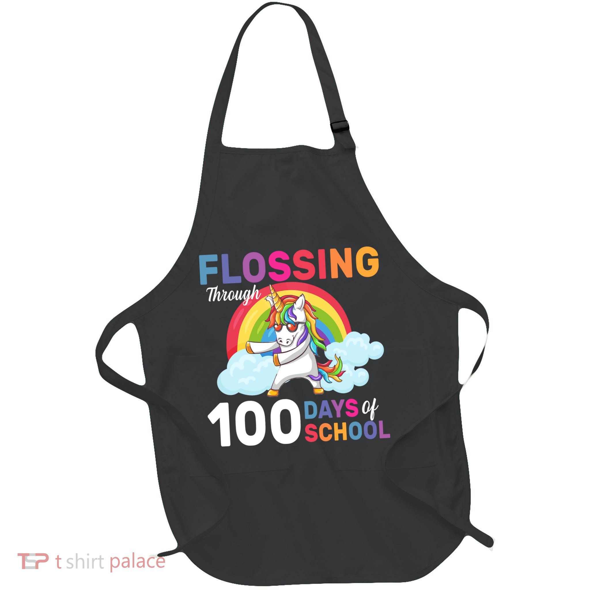 Flossing Unicorn Through 100 days Of School Full-Length Apron With Pockets