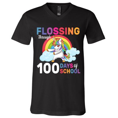 Flossing Unicorn Through 100 days Of School V-Neck T-Shirt